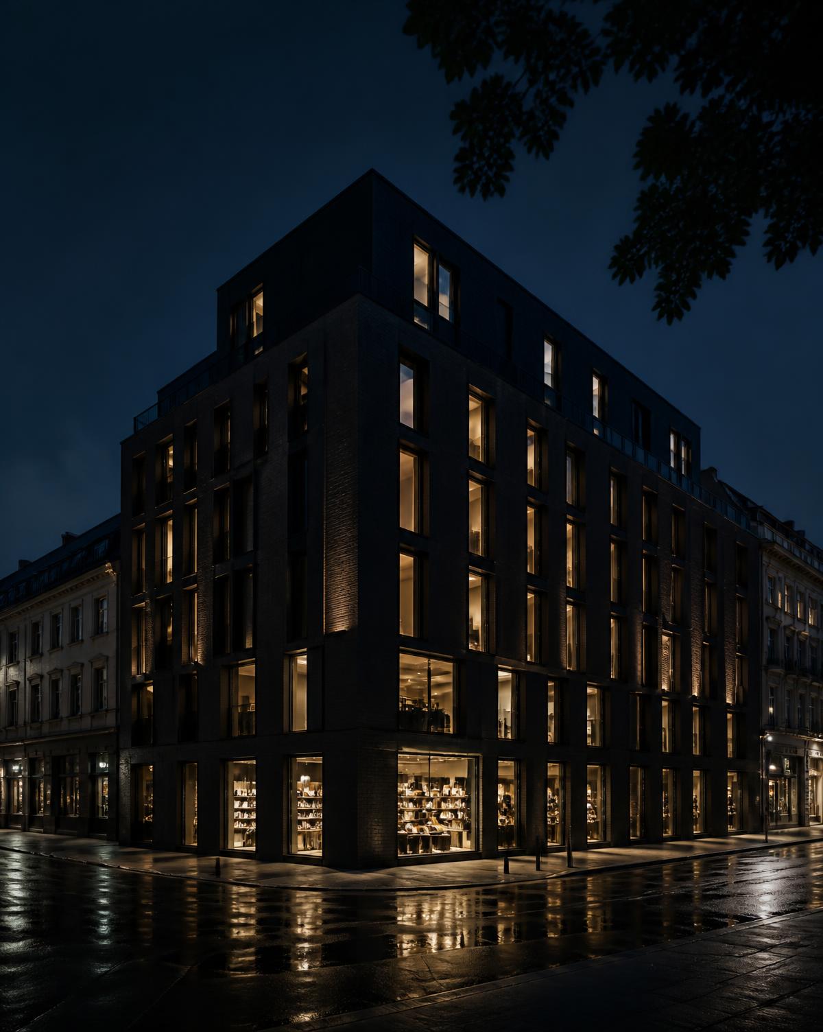 Moderne Stadtarchitektur bei Nacht