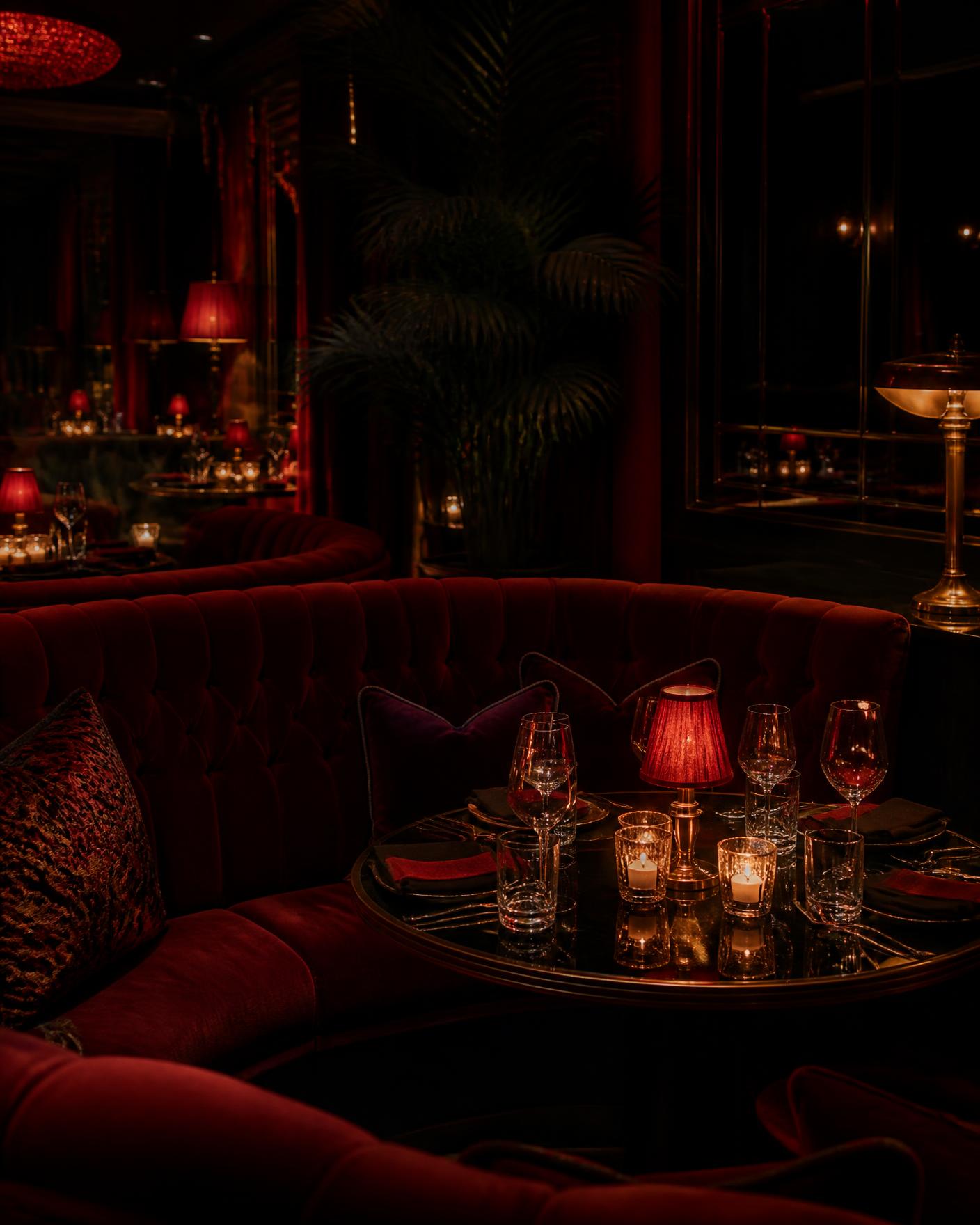 Intime Lounge mit Samtsitzbank und gedämpftem Licht